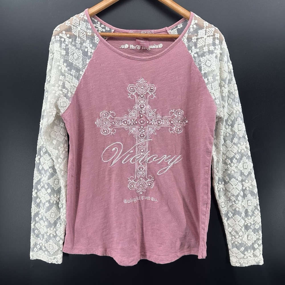 Cowgirl Tuff Co Victory Cross Lace Sleeve Western Top Womens M Pink Boho SS35 - Picture 2 of 12